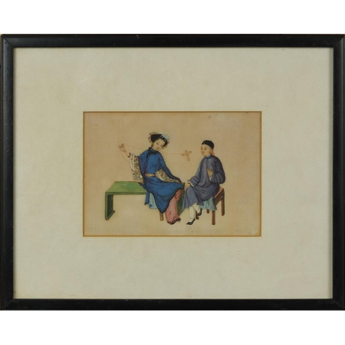 592 - Two Chinese watercolour onto pith paintings, one of a figure smoking a pipe, the other of a figure f... 