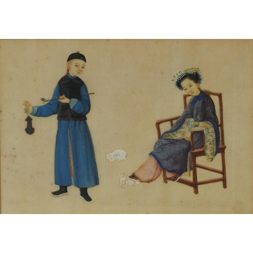 592 - Two Chinese watercolour onto pith paintings, one of a figure smoking a pipe, the other of a figure f... 