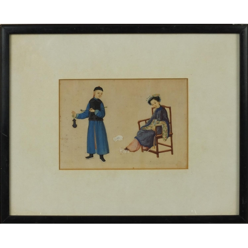 592 - Two Chinese watercolour onto pith paintings, one of a figure smoking a pipe, the other of a figure f... 