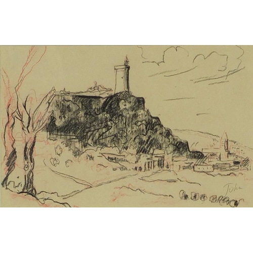 1110 - Augustus John - Crayon drawing, continental city scape, various labels verso one being The Gallery M... 