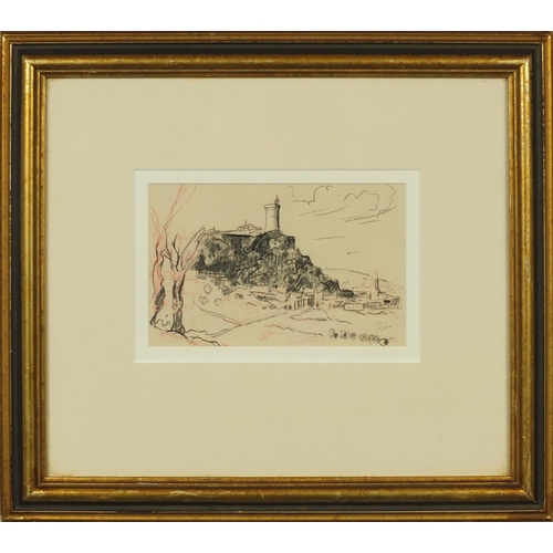 1110 - Augustus John - Crayon drawing, continental city scape, various labels verso one being The Gallery M... 