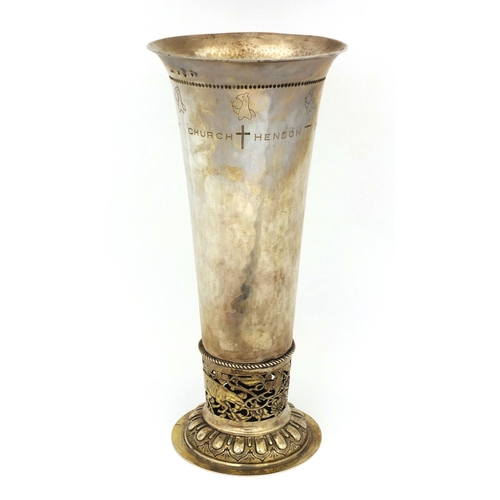 818 - Large silver trumpet shaped vase, engraved Christ Church Hendon 26th September 1949, the base pierce... 