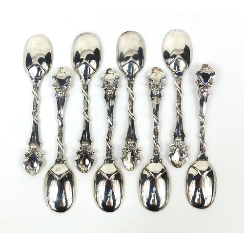 885 - Set of eight silver teaspoons with figure head terminals, A.P.F P.A.P London 1916, 10.2cm long, appr... 