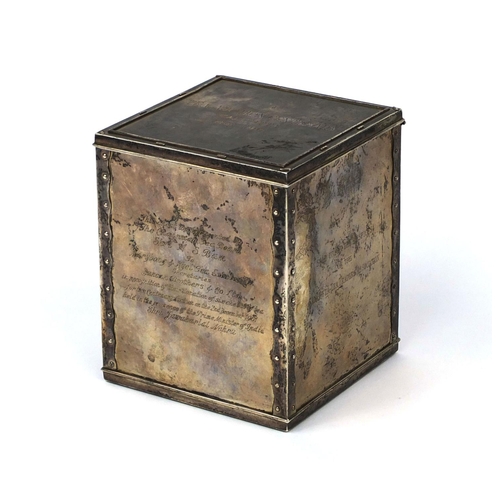 595 - Indian silver Calcutta tea traders tea caddy with presentation inscription, 14cm high x 12cm wide x ... 