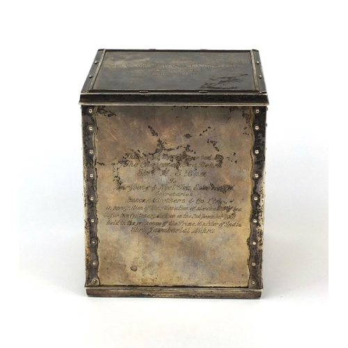 595 - Indian silver Calcutta tea traders tea caddy with presentation inscription, 14cm high x 12cm wide x ... 