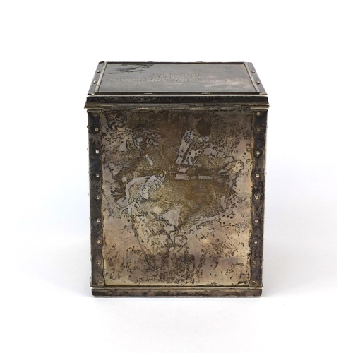 595 - Indian silver Calcutta tea traders tea caddy with presentation inscription, 14cm high x 12cm wide x ... 