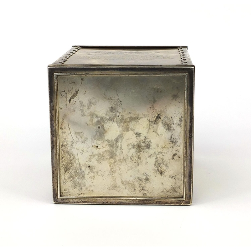 595 - Indian silver Calcutta tea traders tea caddy with presentation inscription, 14cm high x 12cm wide x ... 