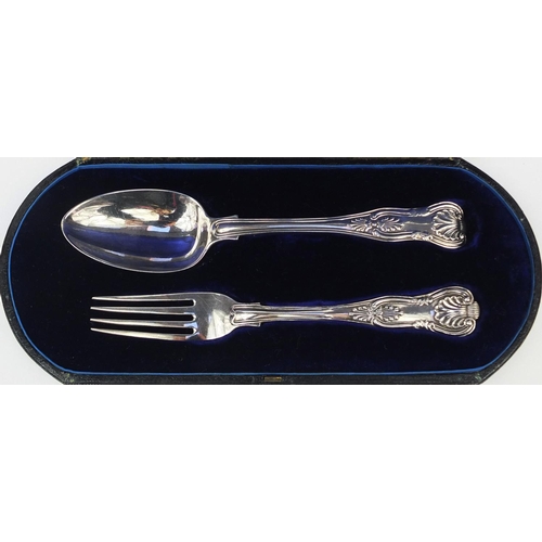 895 - Cased Victorian silver kings pattern fork and spoon, M C G A London 1840, the spoon 18cm long, appro... 