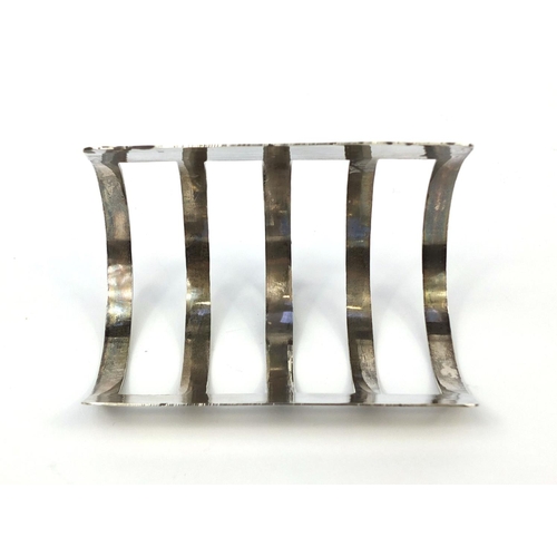 842 - Silver four slice toast rack with planished decoration, J W P Birmingham 1960, 10.5cm long, approxim... 