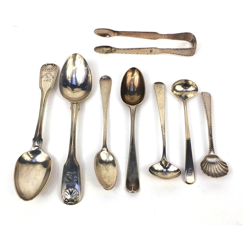 900 - Seven Georgian silver spoons and pair of sugar tongs, various hallmarks, the larger 14.5cm long, app... 