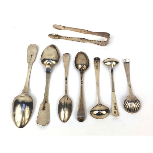 900 - Seven Georgian silver spoons and pair of sugar tongs, various hallmarks, the larger 14.5cm long, app... 