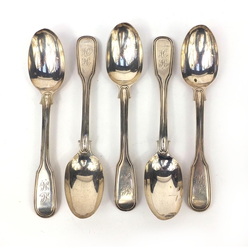 901 - Set of five Georgian spoons, I.W Newcastle 1837, 14.2cm long, approximate weight 132.0g