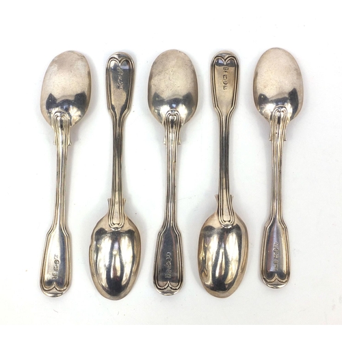 901 - Set of five Georgian spoons, I.W Newcastle 1837, 14.2cm long, approximate weight 132.0g