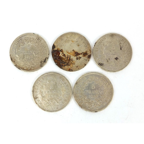 300 - Five 19th century five francs, comprising dates 1845, 1848, 1849, 1875 and 1876, approximate weight ... 