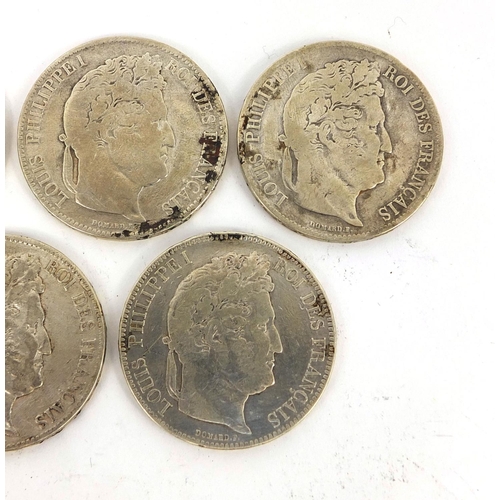 303 - Five Louis Philippe I five francs, comprising dates 1838, 1839, 1841, 1842 and 1843, approximate wei... 