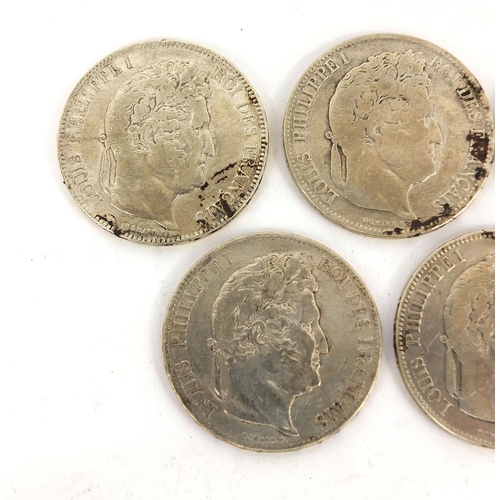 303 - Five Louis Philippe I five francs, comprising dates 1838, 1839, 1841, 1842 and 1843, approximate wei... 