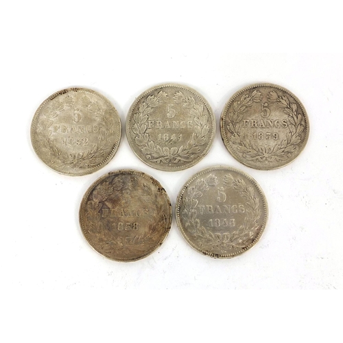 303 - Five Louis Philippe I five francs, comprising dates 1838, 1839, 1841, 1842 and 1843, approximate wei... 