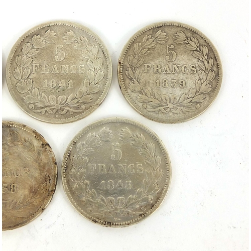 303 - Five Louis Philippe I five francs, comprising dates 1838, 1839, 1841, 1842 and 1843, approximate wei... 