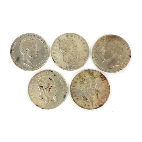 306 - Five 19th century five Liras, comprising dates 1836, 1868, 1871, 1874 and 1876, approximate weight 1... 