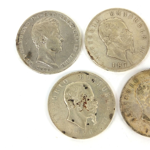 306 - Five 19th century five Liras, comprising dates 1836, 1868, 1871, 1874 and 1876, approximate weight 1... 