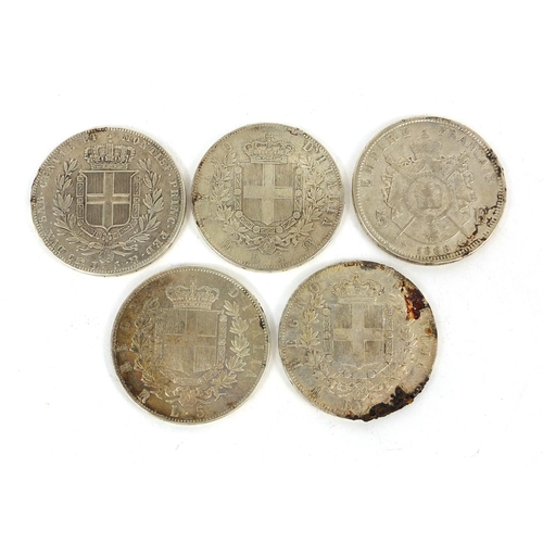 306 - Five 19th century five Liras, comprising dates 1836, 1868, 1871, 1874 and 1876, approximate weight 1... 