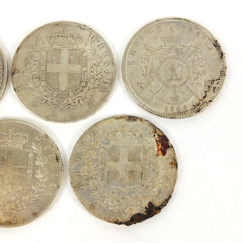 306 - Five 19th century five Liras, comprising dates 1836, 1868, 1871, 1874 and 1876, approximate weight 1... 