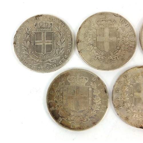 306 - Five 19th century five Liras, comprising dates 1836, 1868, 1871, 1874 and 1876, approximate weight 1... 