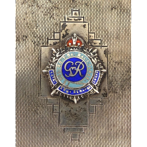 378 - Military interest circular compact with applied Royal Army service corps enamelled badge and engine ... 