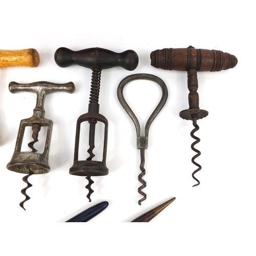 153 - Antique and later objects comprising five corkscrews, photograph of an elderly lady housed in a tool... 