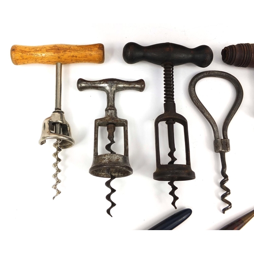 153 - Antique and later objects comprising five corkscrews, photograph of an elderly lady housed in a tool... 