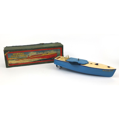 424 - Hornby tin plate speed boat Racer II, manufactured by Mecanno, with box, the boat 32cm in length