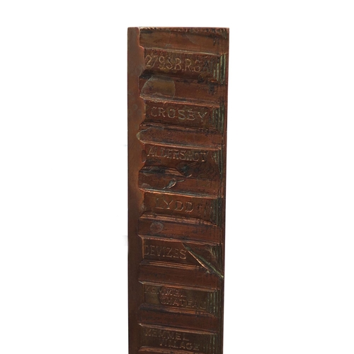 365 - British Military World War I copper tank track trench art, engraved with various names, housed in a ... 