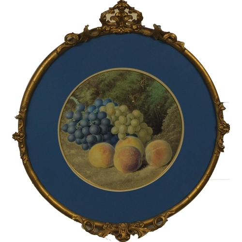 1196 - Victorian circular watercolour, still life, bearing a monogram JK, 1873, ornately gilt framed, 31cm ... 