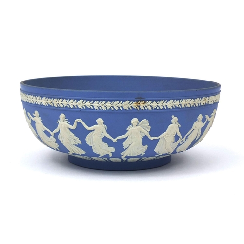 701 - Wedgwood Jasperware dancing hours pattern bowl, decorated in low relief with a continuous band of da... 