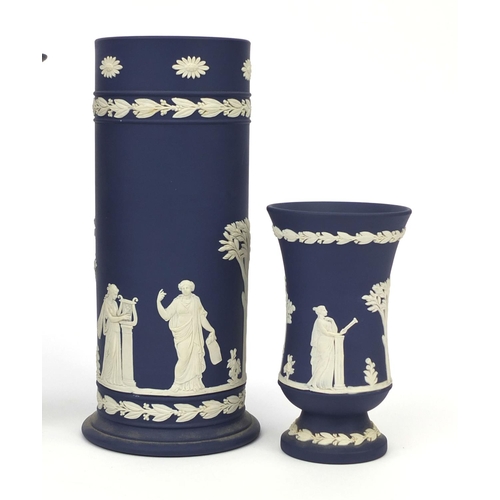 702 - Three Wedgwood Jasperware vases together with a Wedgwood Jasperware planter, each decorated in low r... 