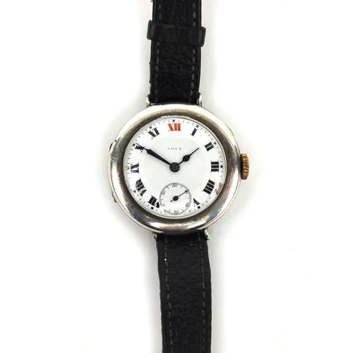 369 - Military interest silver cased trench watch with Roman numerals and enamelled dial, the case by Geor... 