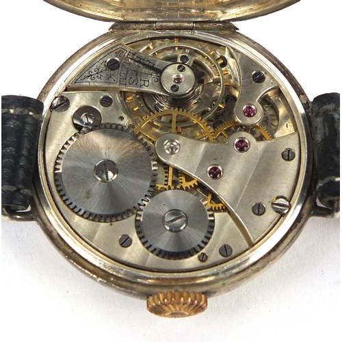 369 - Military interest silver cased trench watch with Roman numerals and enamelled dial, the case by Geor... 