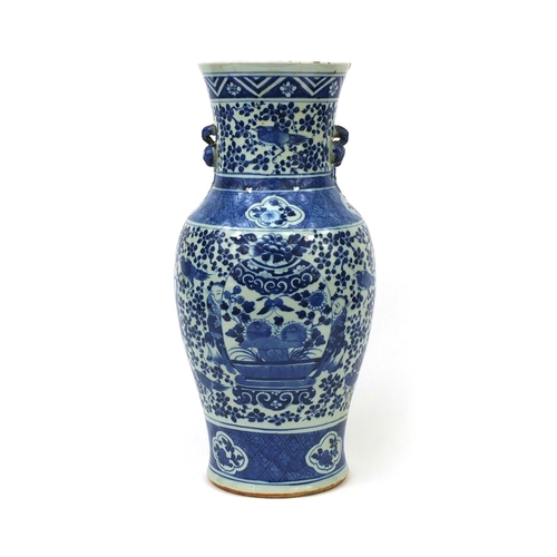 440 - Chinese blue and white porcelain baluster vase with naturalist handles, hand painted with figures am... 