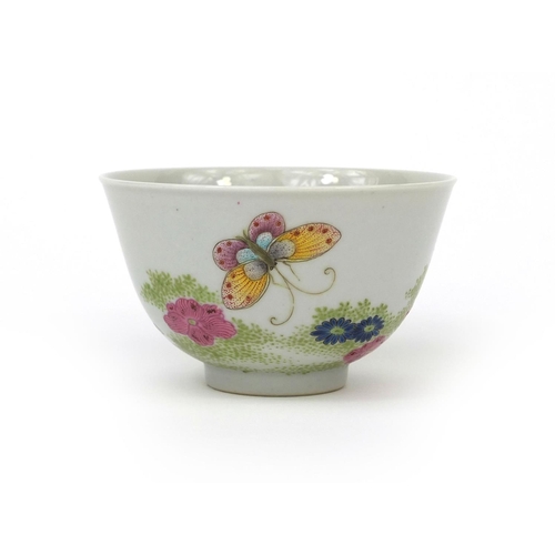 465 - Chinese porcelain tea bowl, hand painted in the famille rose palette with butterflies and insects am... 