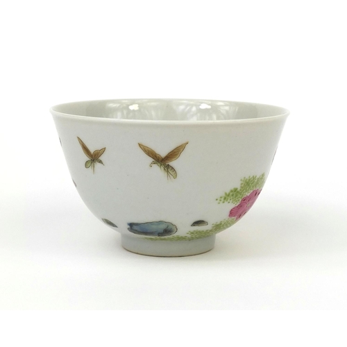 465 - Chinese porcelain tea bowl, hand painted in the famille rose palette with butterflies and insects am... 