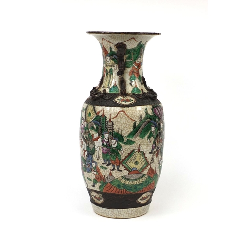 464 - Chinese crackle glazed vase with animalia handles, hand painted in the famille verte palette with wa... 