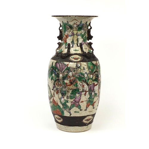 464 - Chinese crackle glazed vase with animalia handles, hand painted in the famille verte palette with wa... 