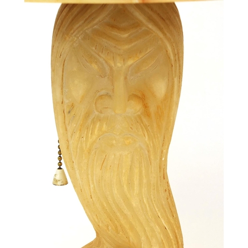 798 - One piece carved alabaster table lamp, the column carved in the form of a bearded elder, 46cm high