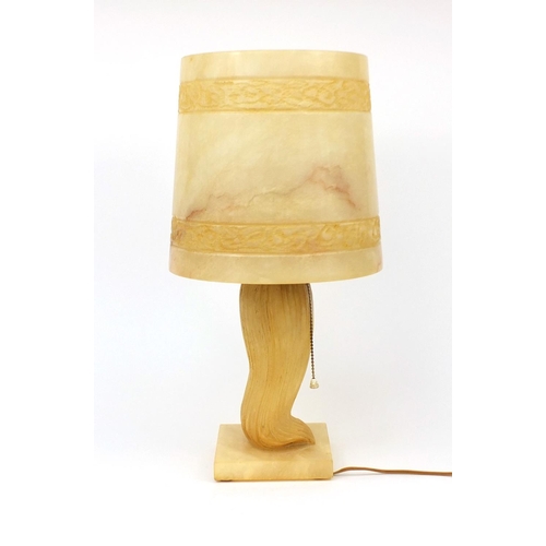 798 - One piece carved alabaster table lamp, the column carved in the form of a bearded elder, 46cm high