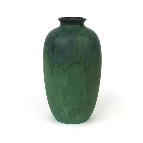 792 - French Gete art pottery vase, decorated with a mottled green dripping glaze, impressed factory marks... 