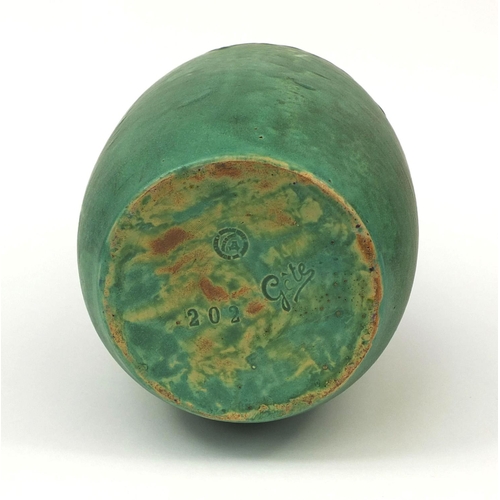 792 - French Gete art pottery vase, decorated with a mottled green dripping glaze, impressed factory marks... 