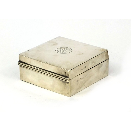 875 - Asprey silver square cigarette box with hinged lid, London 1916, 9cm square, approximate weight 249.... 