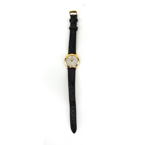 1070 - 18ct gold ladies Longines wristwatch with leather strap, boxed,  2.4cm in diameter excluding the cro... 