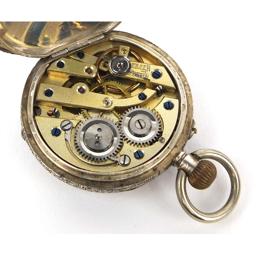 1094 - Silver ladies open face pocket watch with ornate enamel dial, the case enamelled with a bird amongst... 