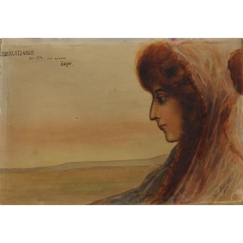 1248 - Unframed watercolour onto card, female profile before a desert, bearing a signature Wilh Trúbner, 41... 